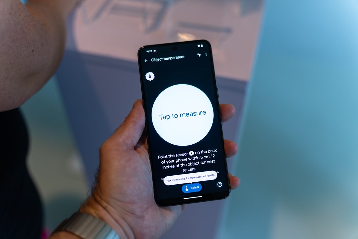 Pixel 8 Pro's thermometer app, showing details of how to use the temp taking feature