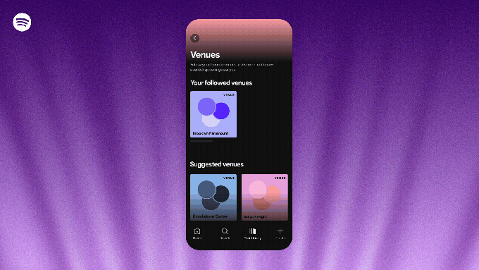 A GIF showing Spotify's new feature that allows users to follow venues and discover upcoming concerts. On the venue page, you can see upcoming shows, announcement, and filter events by different music genres.