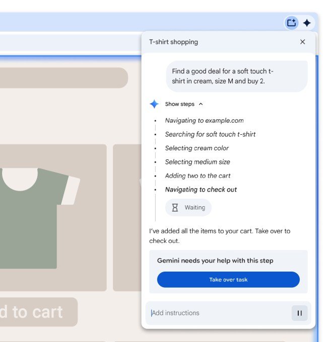 A screenshot showing Chrome's agent model asking user permission before paying for an item while shopping.