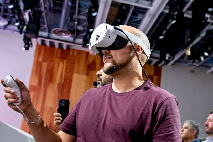 An attendee wears a Quest 3s virtual reality headset during the Meta Connect event in Menlo Park, California, US, on Wednesday, Sept. 25, 2024.